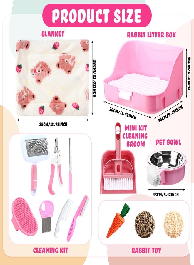 Reallnaive 15 Pcs Rabbit Starter Kit Small Rabbit Litter Box Christmas Girls Gift Animal Grooming Kit Bunny Toys Bowl Blankets with Cleaning Set for Guinea Pig Accessories(Pink) - Image 2
